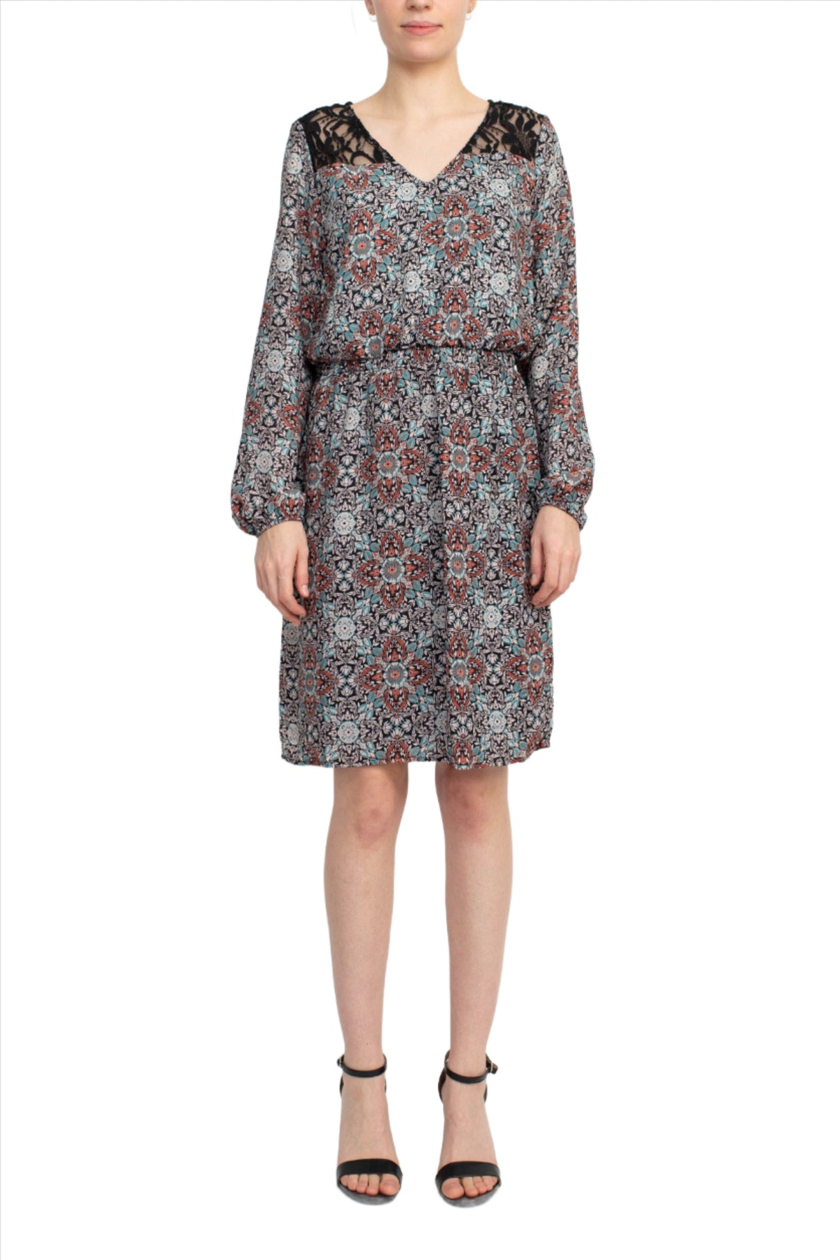 Emma & Michele V-Neck Blouson Elastic Waist Long Sleeve Floral Print Crepe Dress by Curated Brands