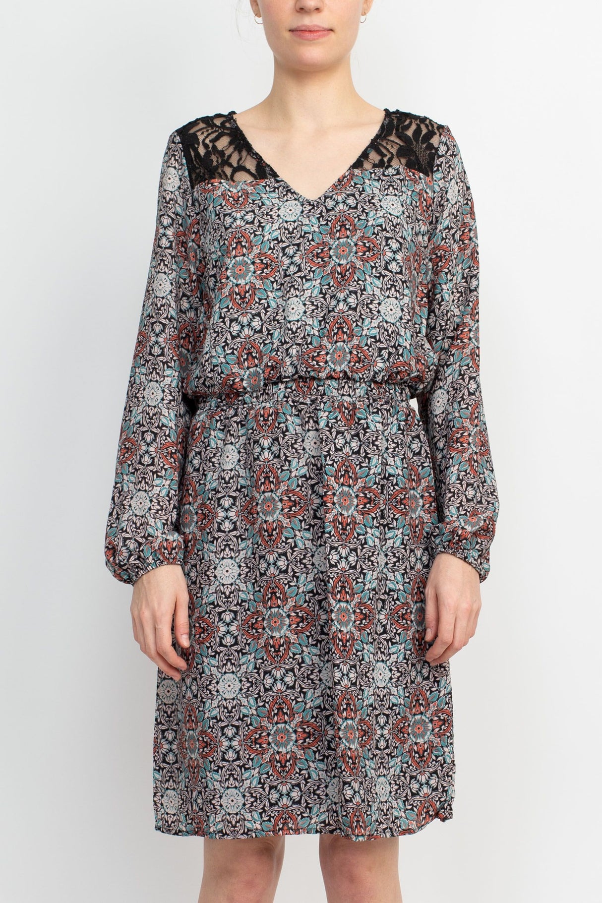 Emma & Michele V-Neck Blouson Elastic Waist Long Sleeve Floral Print Crepe Dress by Curated Brands