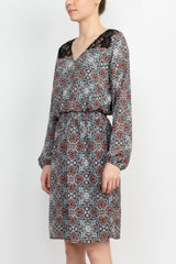 Emma & Michele V-Neck Blouson Elastic Waist Long Sleeve Floral Print Crepe Dress by Curated Brands