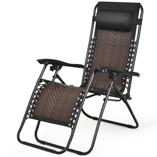 Folding Rattan Zero Gravity Lounge Chair with Removable Head Pillow-Light Brown