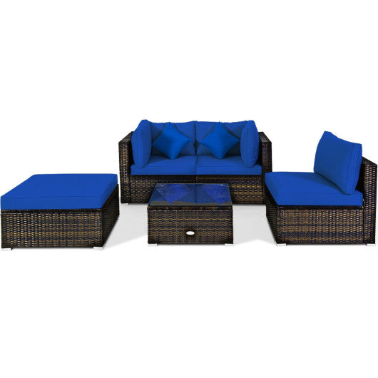 5 Pcs Outdoor Patio Rattan Furniture Set Sectional Conversation with Navy Cushions-Navy