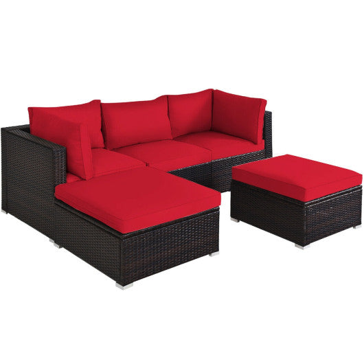 5 Pieces Patio Rattan Sofa Set with Cushion and Ottoman-Red