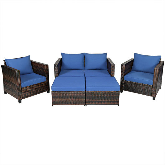 5 Pieces Patio Cushioned Rattan Furniture Set-Navy