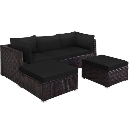 5 Pieces Patio Sectional Rattan Furniture Set with Ottoman Table-Black