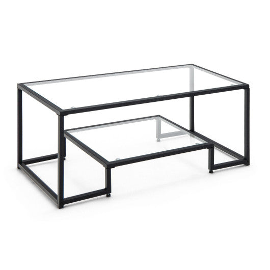 Modern 2-Tier Rectangular Coffee Table with Glass Table Top-Black