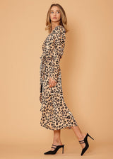 Women's Print Puffy Shoulder Dress in Brown Leopard by Shop at Konus