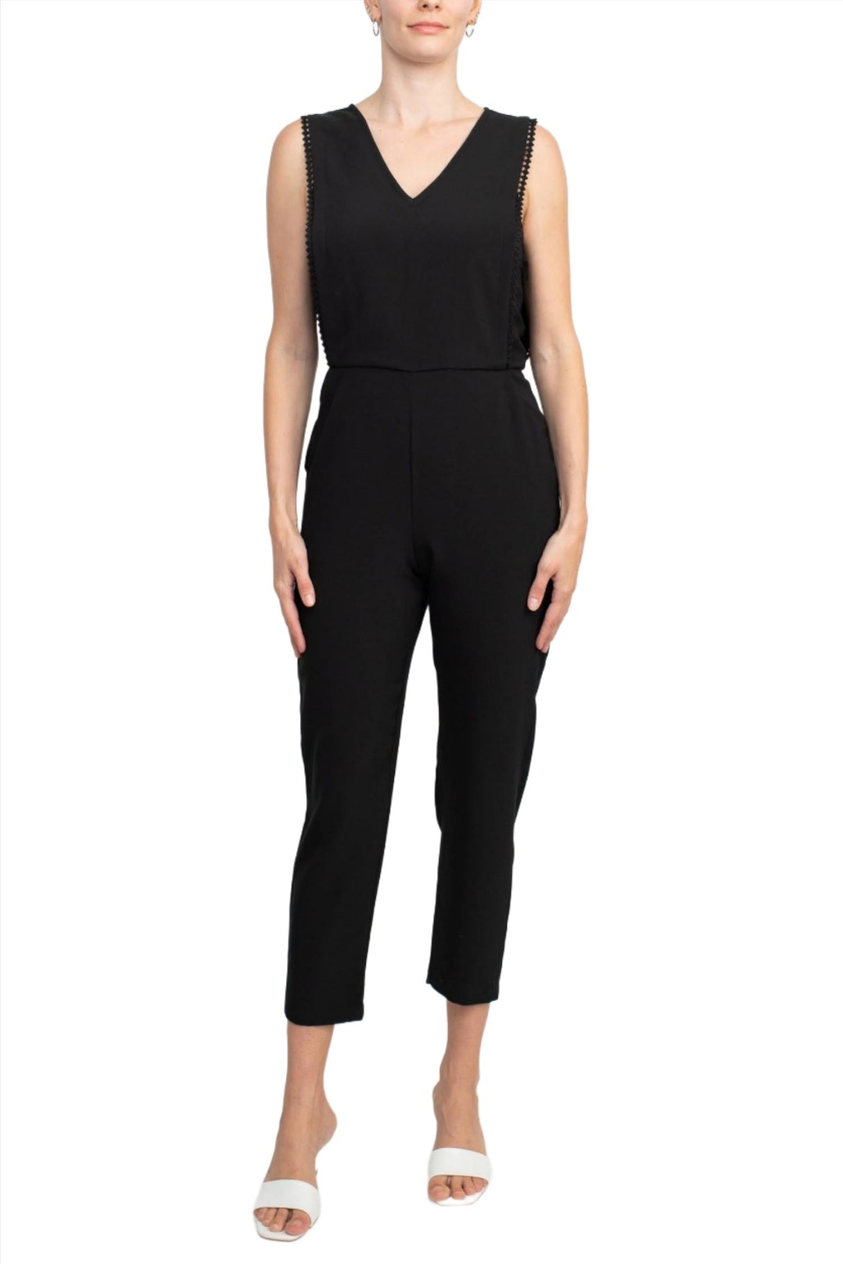 Taylor V-Neck Sleeveless Embellished Keyhole  Zipper Back Solid Crepe Jumpsuit by Curated Brands