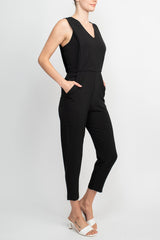 Taylor V-Neck Sleeveless Embellished Keyhole  Zipper Back Solid Crepe Jumpsuit by Curated Brands