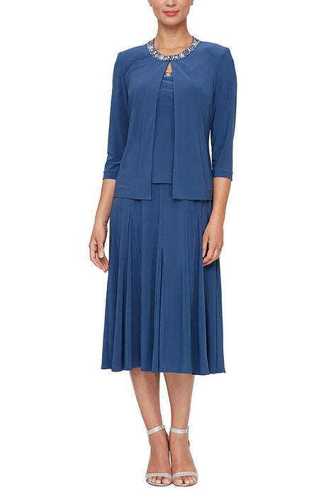 Alex Evenings embellished scoop neck sleeveless popover A-line matte jersey dress with matching 3/4 sleeve jacket by Curated Brands