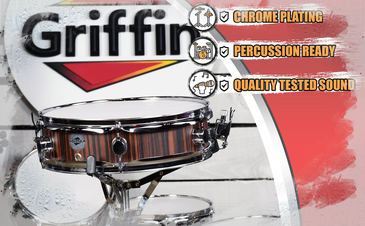 Piccolo Snare Drum 13" x 3.5" by GRIFFIN - 100% Poplar Wood Shell with Black Hickory Finish & Coated Drum Head - Drummers Deluxe Percussion by GeekStands.com