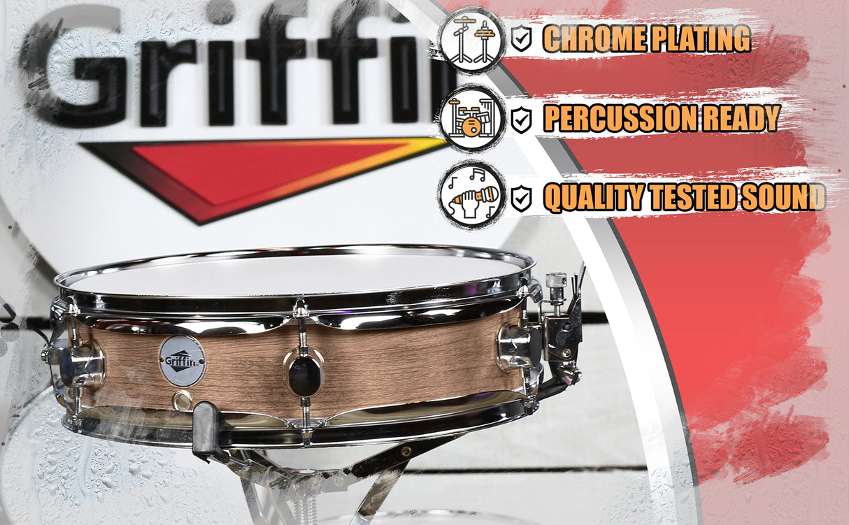 Piccolo Snare Drum 13" x 3.5" by GRIFFIN - 100% Poplar Shell with Oak Wood Finish & Coated Drum Head - Professional Marching Drummers Percussion by GeekStands.com