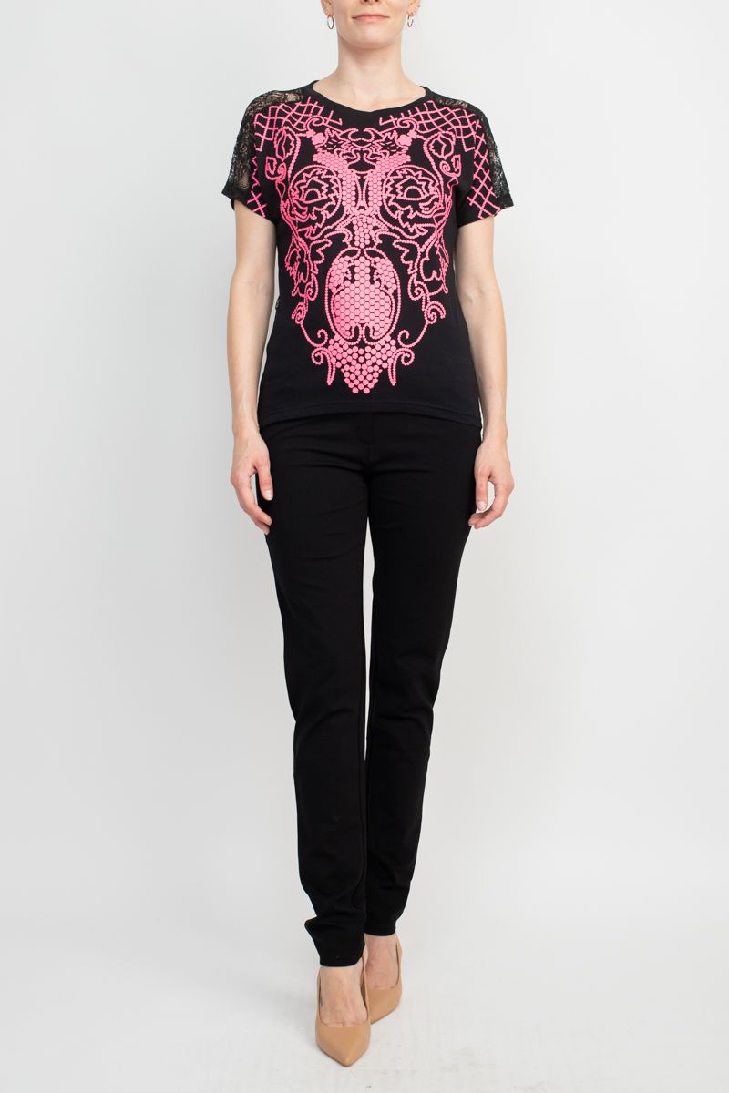 Alberto Makali Crew Neck Short Sleeve Embroidered Spandex Top by Curated Brands