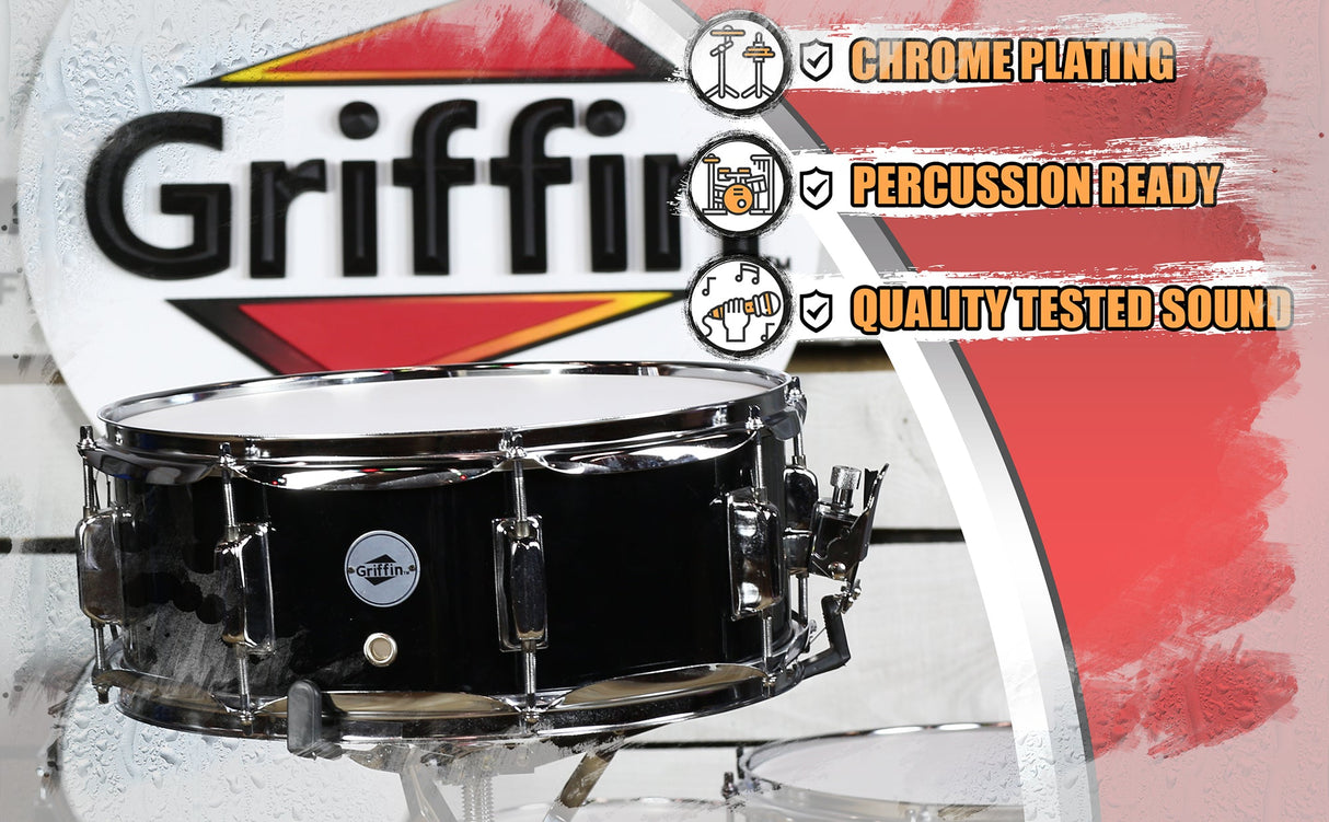 GRIFFIN Snare Drum - Poplar Wood Shell 14" x 5.5" with Black PVC & Coated Head - Acoustic Marching Percussion Musical Instrument Set with Drummers Key by GeekStands.com