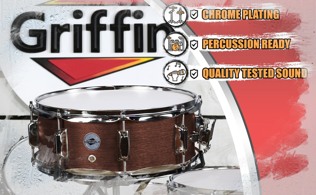 GRIFFIN Snare Drum - Poplar Wood Shell 14" x 5.5" with Flat Hickory PVC - 8 Metal Tuning Lugs by GeekStands.com