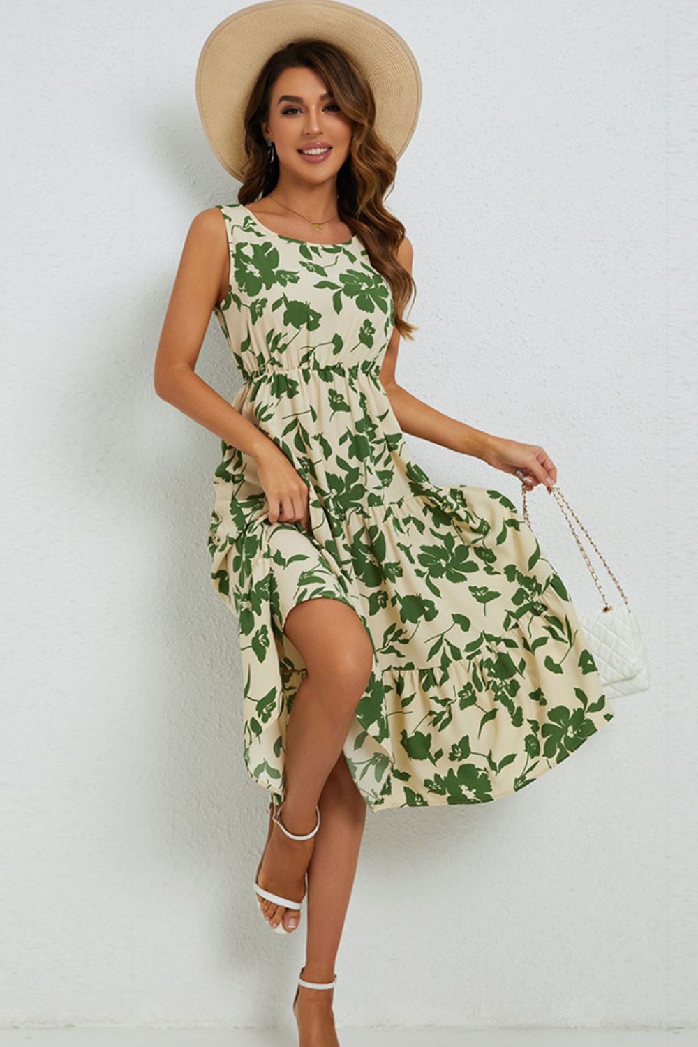 Floral Round Neck Tiered Sleeveless Dress by Faz