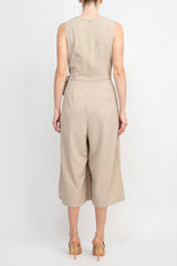 Emma & Michele V-Neck Sleeveless Tie Side Solid Pockets Crepe Jumpsuit by Curated Brands