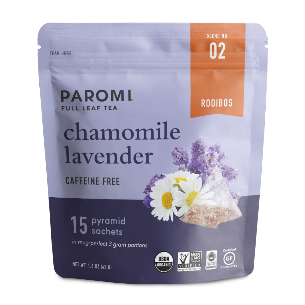 Organic Chamomile Lavender Rooibos Tea, Caffeine Free, in Pyramid Tea Bags by Paromi Tea