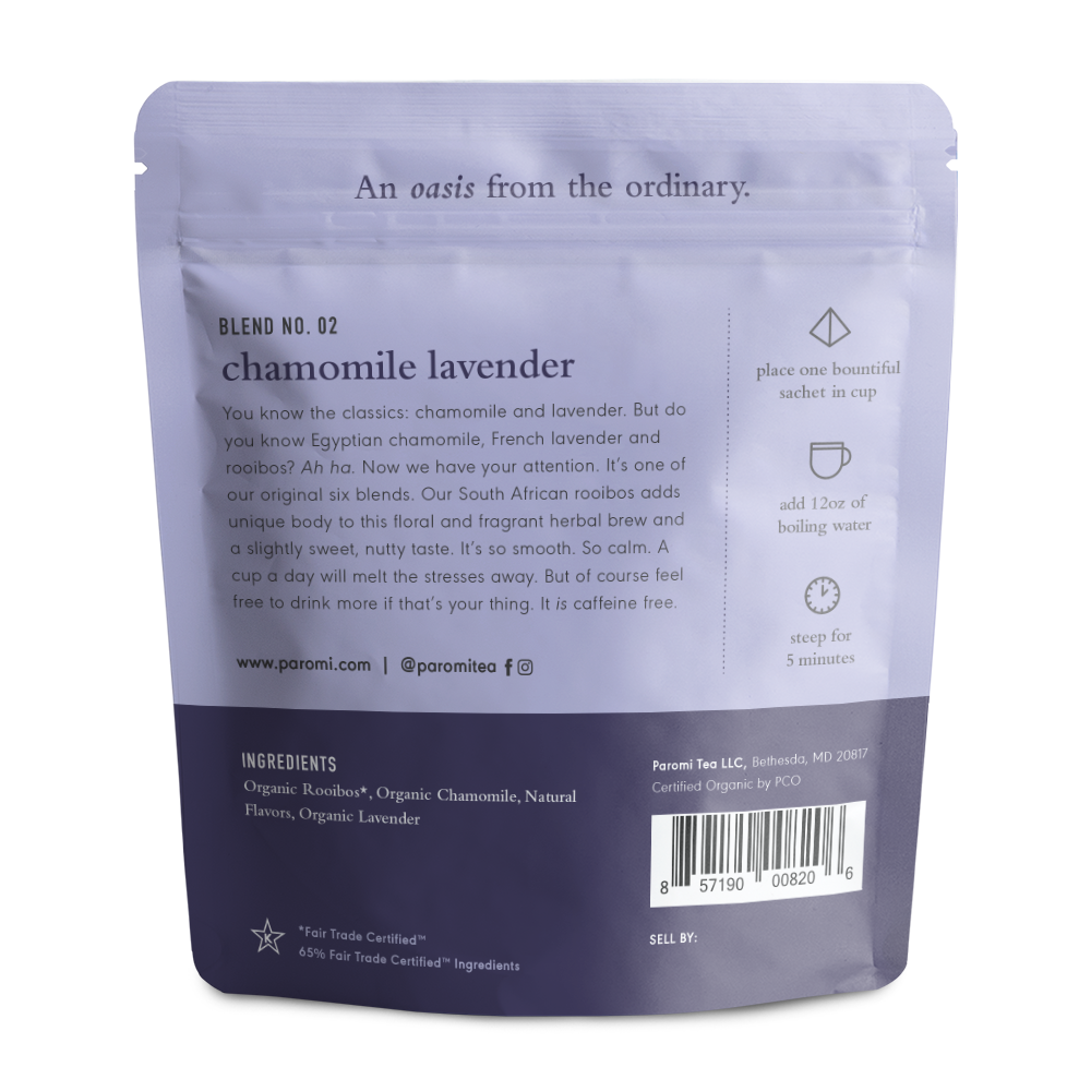 Organic Chamomile Lavender Rooibos Tea, Caffeine Free, in Pyramid Tea Bags by Paromi Tea