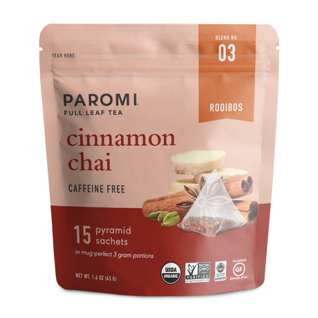 Organic Cinnamon Chai Rooibos Tea, Caffeine Free, in Pyramid Tea Bags by Paromi Tea