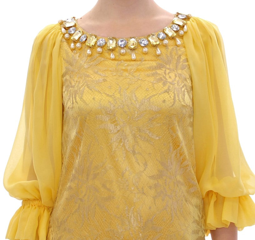 Yellow lace crystal mini dress by Faz