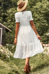 Swiss Dot Smocked Round Neck Short Sleeve Midi Dress by Faz