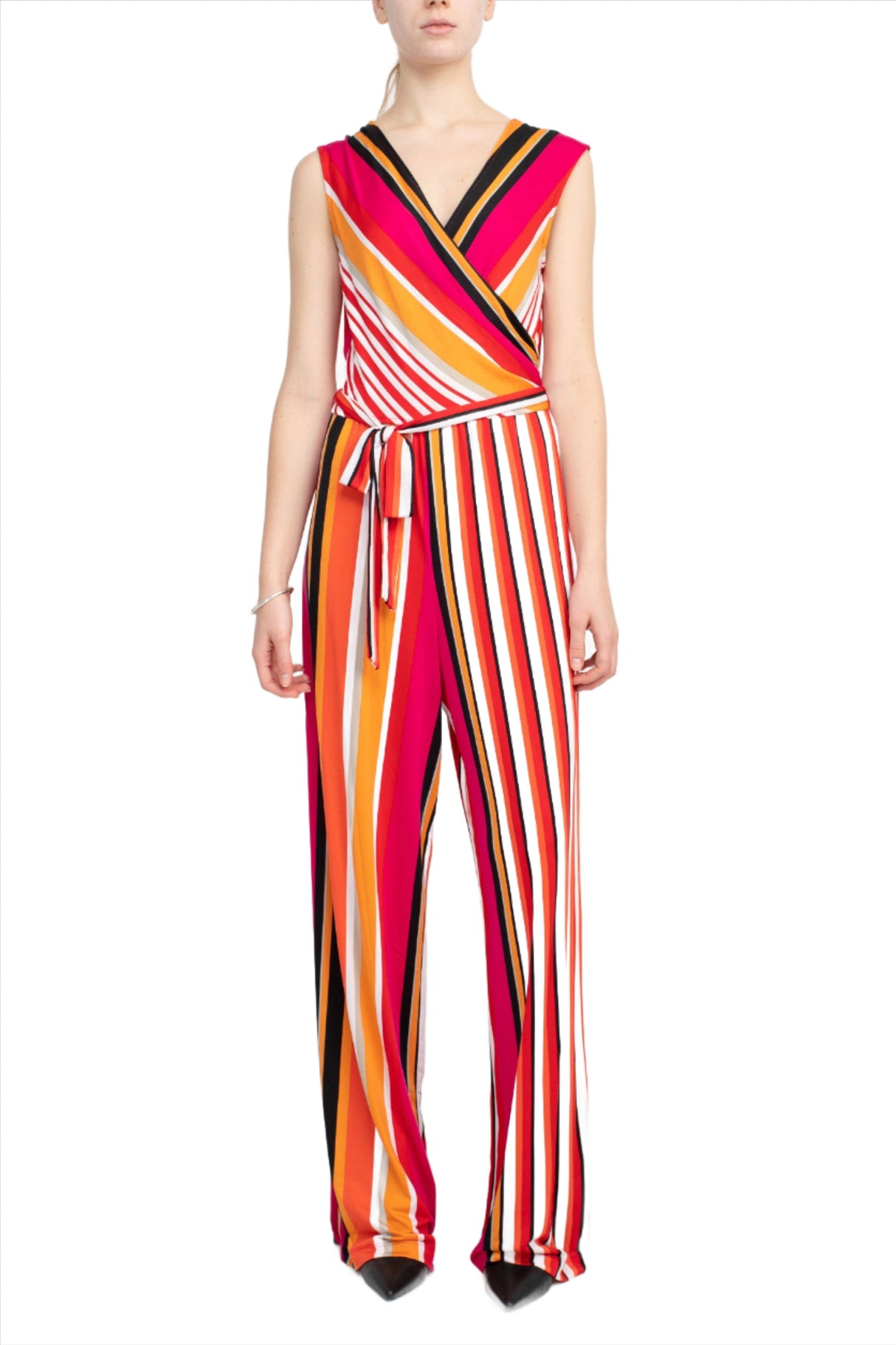 Emma & Michele V-Neck Mock Wrap Top Tie Waist Tripe Print ITY Jumpsuit by Curated Brands