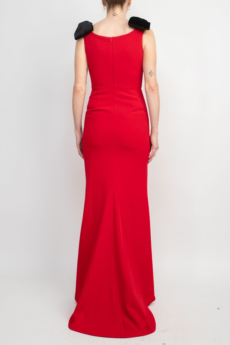 Alberto Makali Boat Neck Sleeveless Bow Shoulder Detail Zipper Back Solid Mermaid Gown by Curated Brands