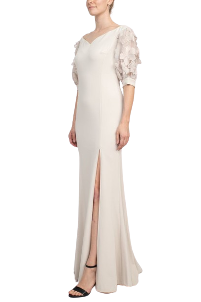 Alberto Makali V-Neck Short Embellished Lace Sleeve Zipper Back Mermaid Slit Side Gown by Curated Brands