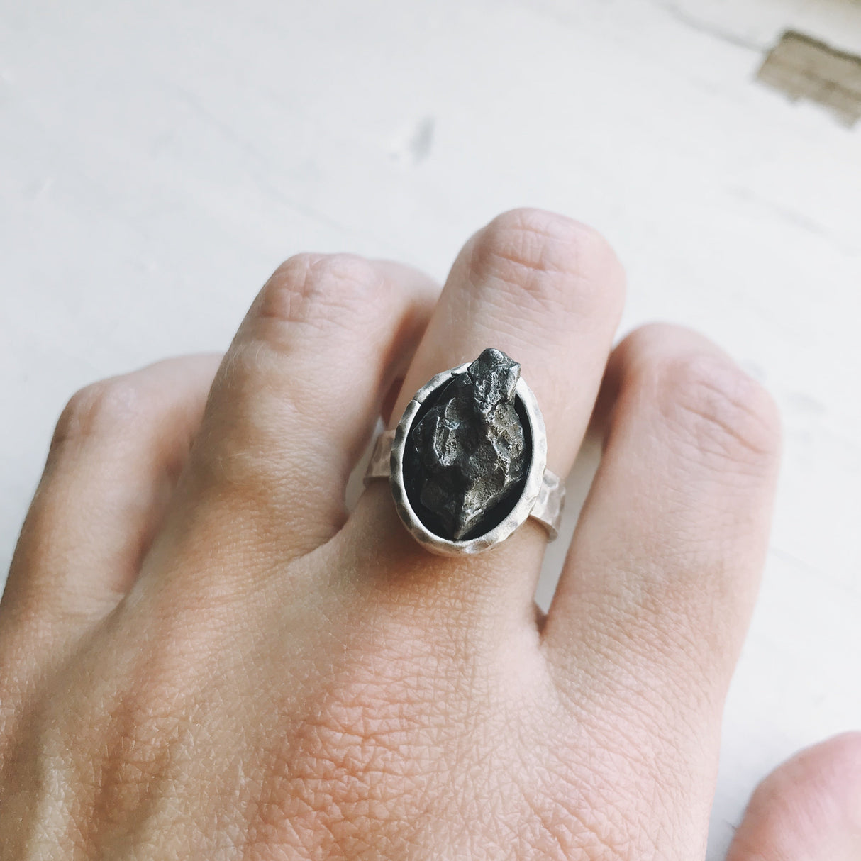 Oval Raw Meteorite Ring in Silver by Yugen Handmade