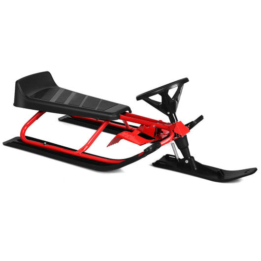 Kids Snow Sled with Steering Wheel and Double Brakes Pull Rope-Red