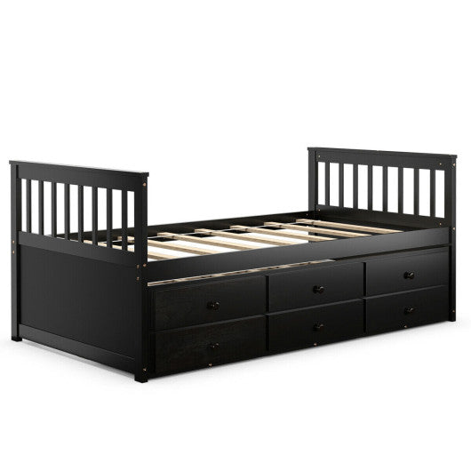 Twin Captain’s Bed with Trundle and 3 Storage Drawers-Dark Brown