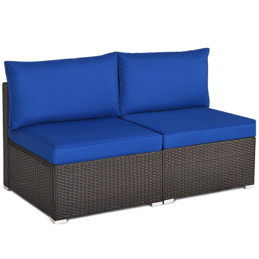 2 Pieces Patio Rattan Armless Sofa Set with 2 Cushions and 2 Pillows-Navy