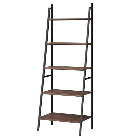 5 Tier Leaning Bookshelf Wood Metal Bookcase