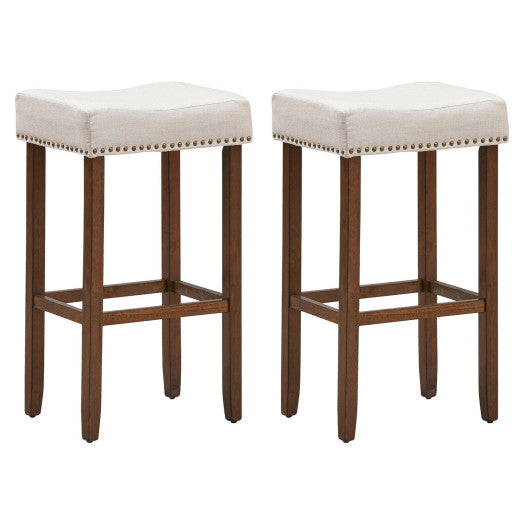 Set of 2 Nailhead Saddle Bar Stools 29 Inch Height-Beige