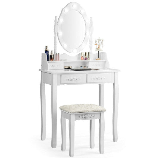 Makeup Vanity Dressing Table Set with Dimmable Bulbs Cushioned Stool-White