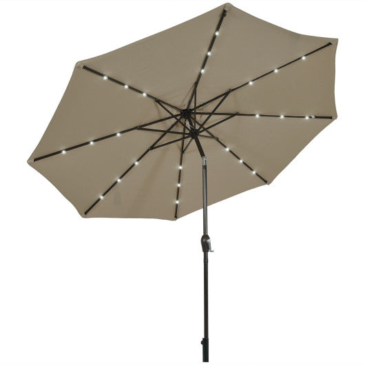 10' Solar LED Lighted Patio Market Umbrella Shade Tilt Adjustment Crank-Tan