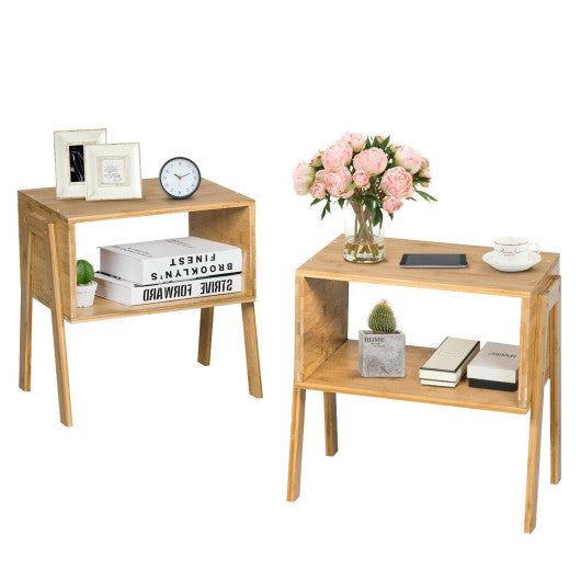 2 Pieces Bamboo Nightstand Sofa Table with Storage Shelf