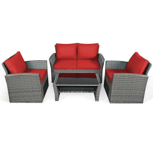 4 Pieces Patio Rattan Furniture Set Sofa Table with Storage Shelf Cushion-Red