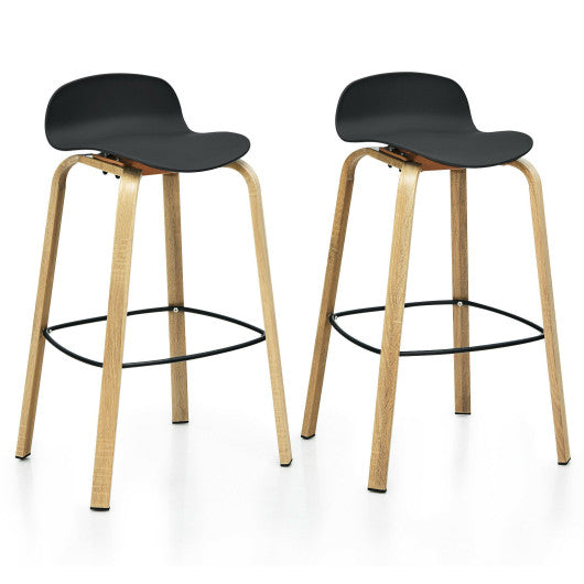 Set of 2 Modern Barstools Pub Chairs with Low Back and Metal Legs-Black