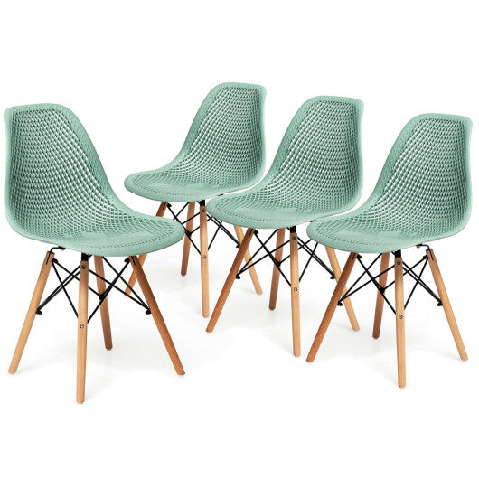 4 Pieces Modern Plastic Hollow Chair Set with Wood Leg-Green