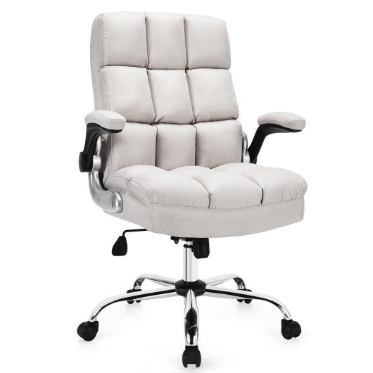 Adjustable Swivel Office Chair with High Back and Flip-up Arm for Home and Office-Beige