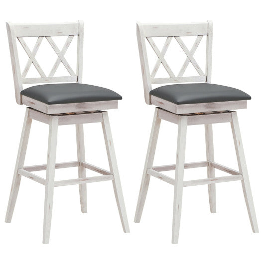 2 Pieces 29 Inches Swivel Counter Height Barstool Set with Rubber Wood Legs-White