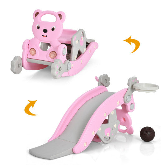 4-in-1 Toddler Slide and Rocking Horse Playset with Basketball Hoop-Pink