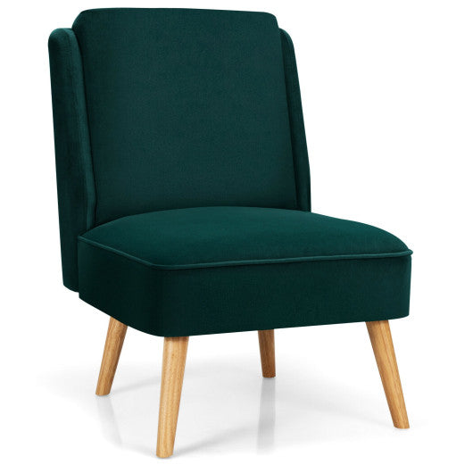 Velvet Accent Armless Side Chair with Rubber Wood Legs for Bedroom-Green