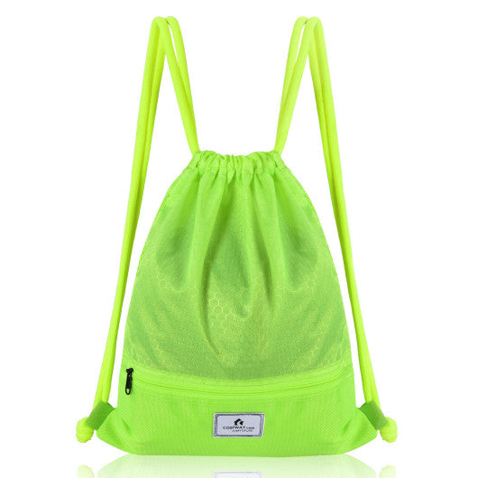 Drawstring Backpack String Bag Foldable Sports Sack with Zipper Pocket-Green