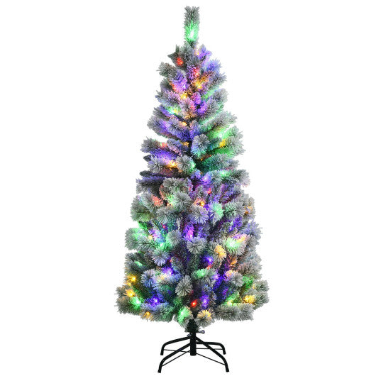 5 Feet Pre-Lit Hinged Christmas Tree Snow Flocked with 9 Lighting Modes