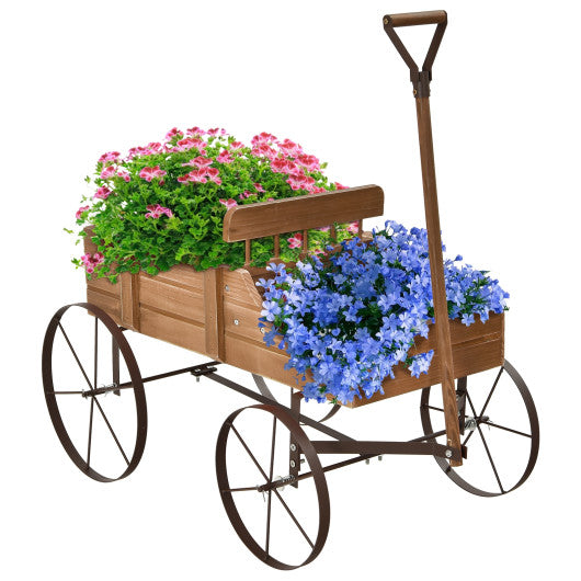 Wooden Wagon Plant Bed With Wheel for Garden Yard-Brown