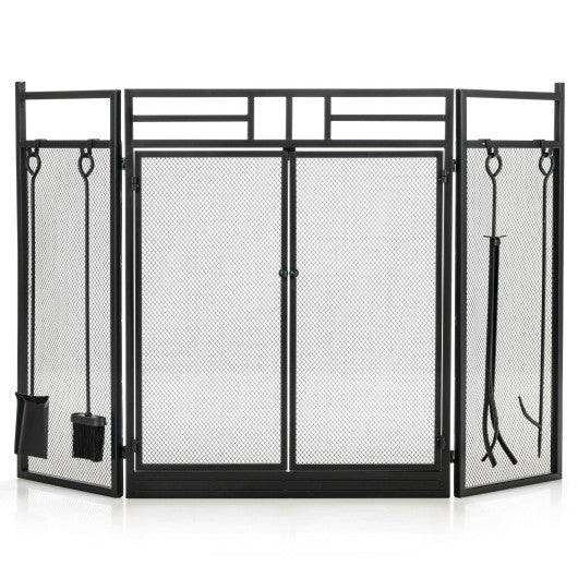 3-Panel Folding Wrought Iron Fireplace Screen with Doors and 4 Pieces Tools Set-Black