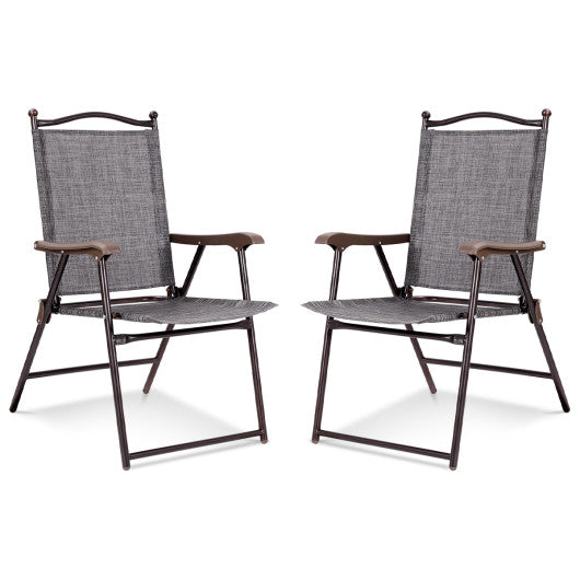 Set of 2 Patio Folding Sling Back Camping Deck Chairs-Gray