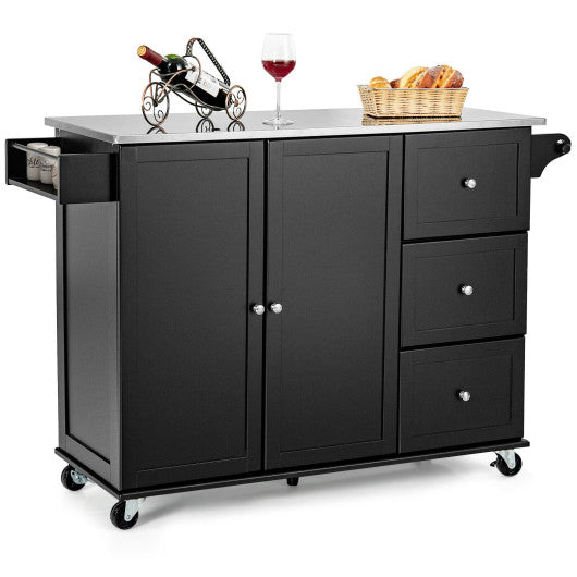 Rolling Kitchen Island with Stainless Steel Countertop and 3 Drawers-Black